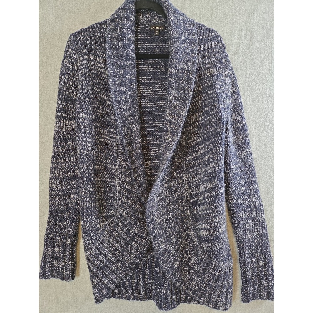 Express M Open Cardigan Wool Cashmere Blend Shawl Collar Cable Knit Marled Blue